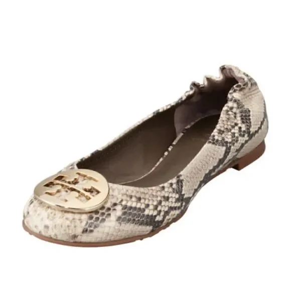 Tory Burch Reva Snake-Print Ballerina Flat,  Roccia 6.5
