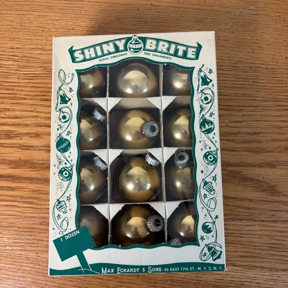 Vintage Shiny Brite Gold Glass Christmas Tree Ornaments Dozen Boxed Made in USA