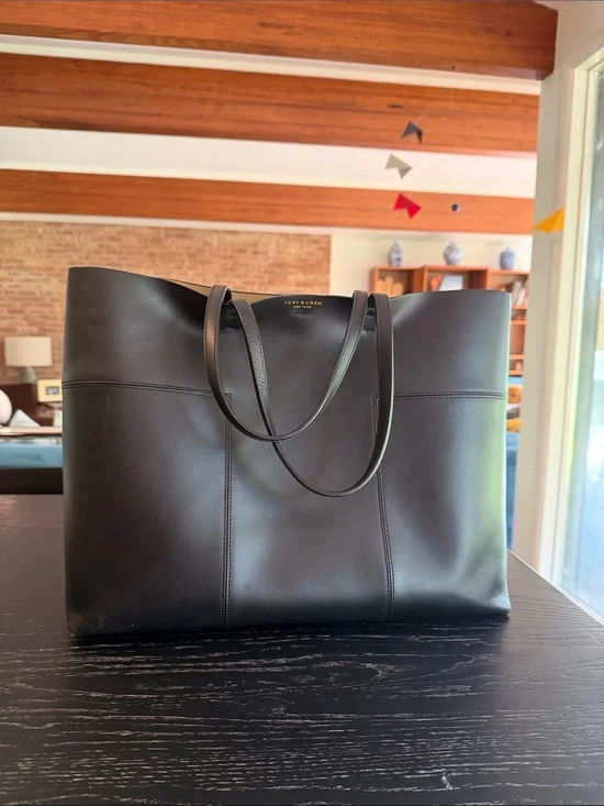Tory Burch Black Leather Block T Large Tote Bag EUC