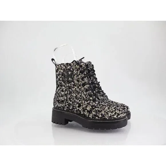 Tory Burch Miller Lug Sole Tweed & Leather Bootie Size 5 Black Women Combat Boot