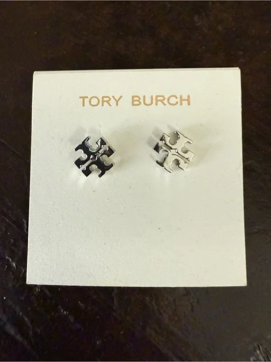 Tory Burch Polished Silver Double-T Logo Stud Earrings