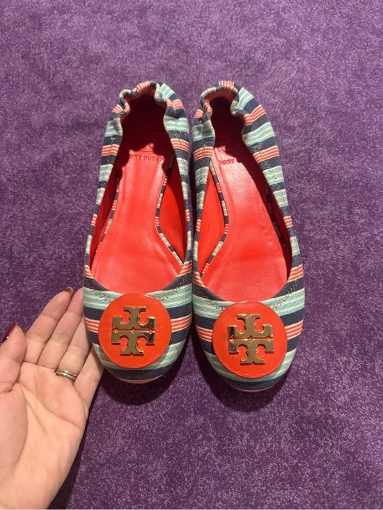 Tory Burch Coral and Multi-Stripe Reva Flats with Gold Logo