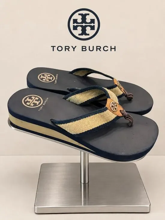 Tory Burch Frankie Wedge Flip Flop Sandals Navy Tan Women’s Sz 8