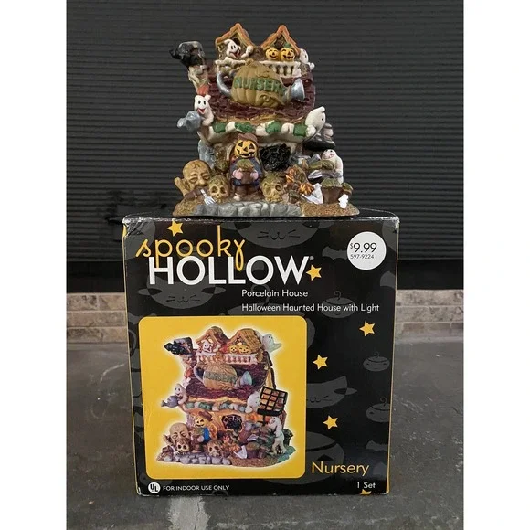 VTG Spooky Hollow‎ Halloween Lighted Village House Porcelain Nursery CIB