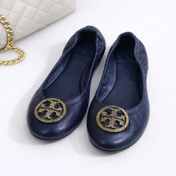 Tory Burch Reva Navy Leather Ballet Flats Rhinestone Encrusted Medallion‎ Size 6