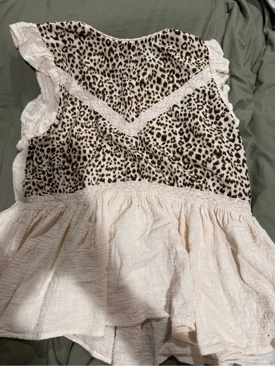Umgee Cream Peplum Top with Brown Leopard Print