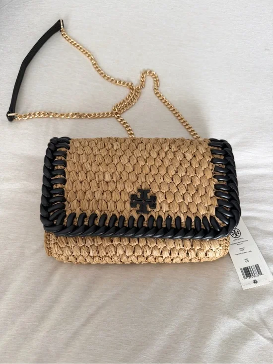 Tory Burch Tan Woven Crossbody with Black Trim and Gold Chain