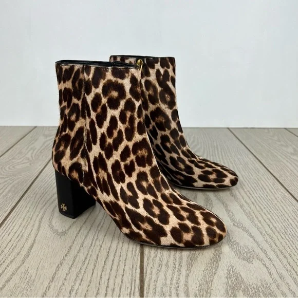 Tory Burch Brooke Leopard Calf Hair Ankle Heeled Booties 6 Brown/Tan/Black $398
