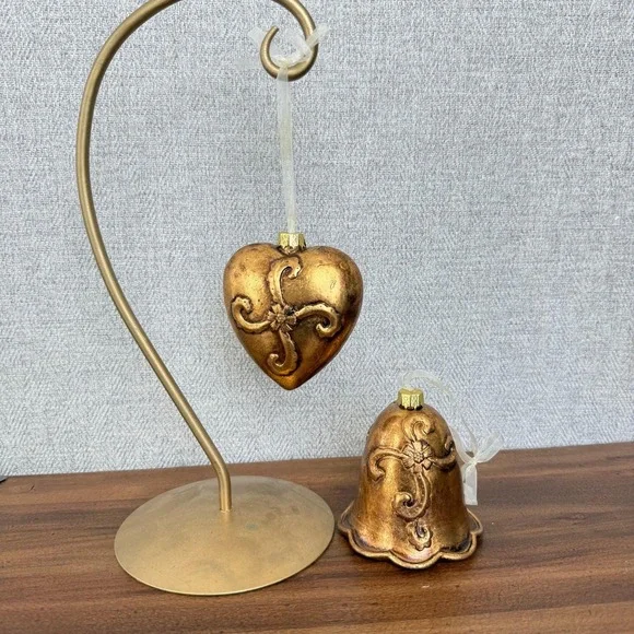 Vintage Golden Christmas Ornaments Set 2 Heart and Bell Baroque Scrollwork Decor
