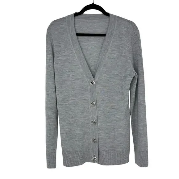 Tory Burch Simone Gray 100% Merino Wool Button Cardigan Sweater M Quiet Luxury