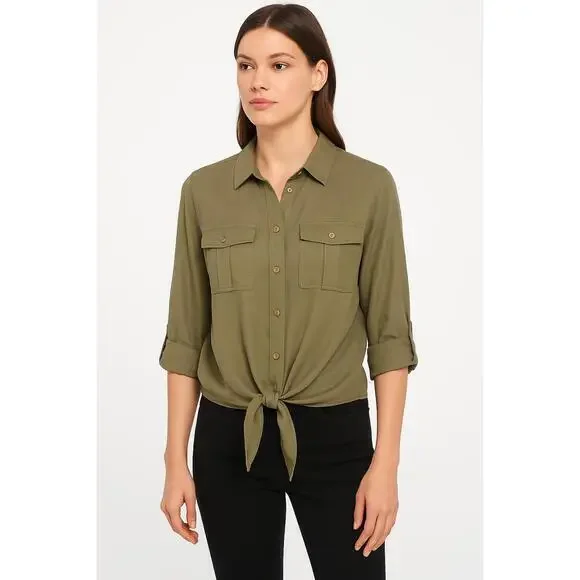 Michael By Michael Kors Shirt Womens Sz S Olive Green Buttoned Tie Front Utility