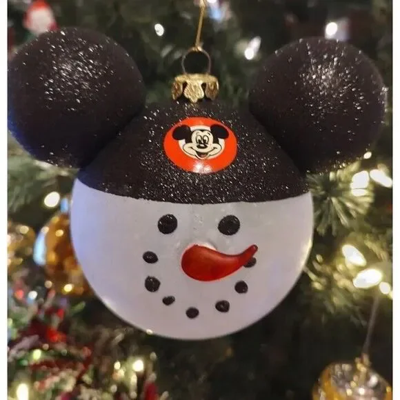 Disney Parks Snowman Mickey‎ Mouse Hat Ears Christmas Holiday Glass Ornament NEW