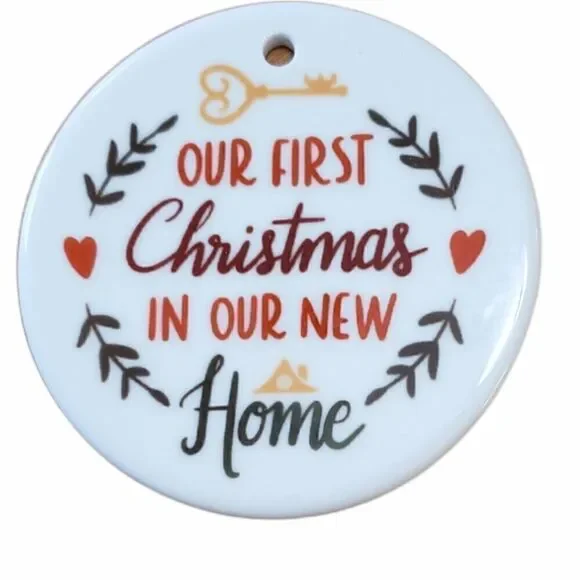 Our first Christmas in our new home, 3 inch white ceramic ornament