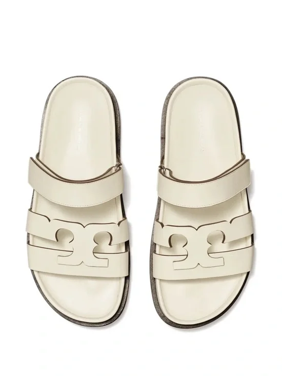 Tory Burch Ines Ivory Leather Double-Strap Logo Sport Slide Sandals Size 5.5