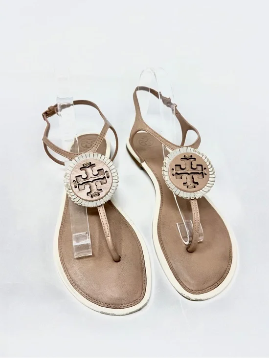 Tory Burch Miller Fringe Tan and Cream Flat Leather Sandals