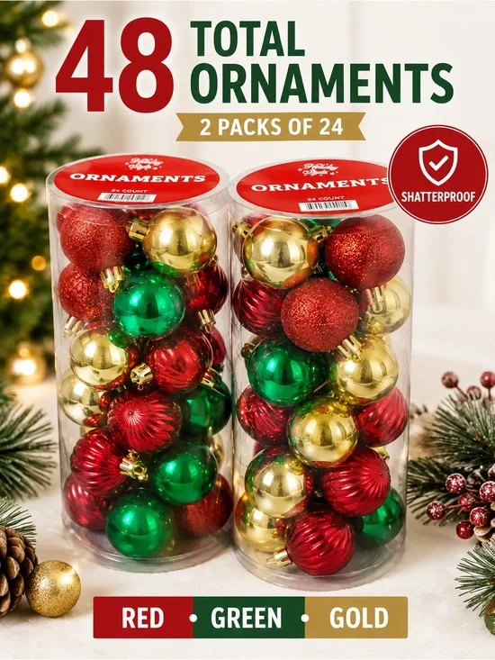 48pc Shatterproof Christmas Ornaments Red Green Gold