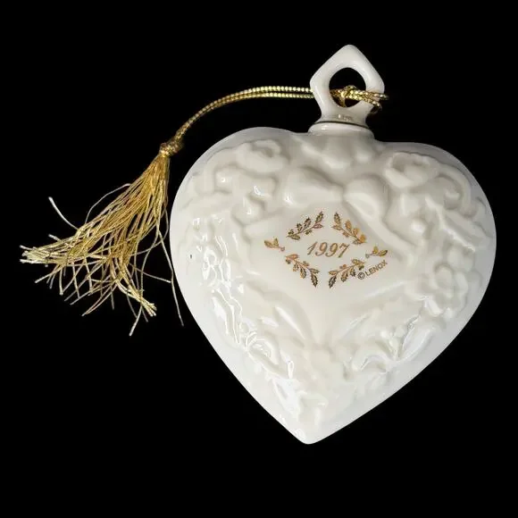 Lenox 1997 Annual Christmas Ornament Porcelain Heart Embossed Gold Tassel Puffy