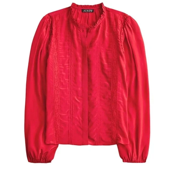 J.Crew CN519 Red Lace Trim Pintuck Ruffle Blouse‎ Top Size 0 NWT  $98
