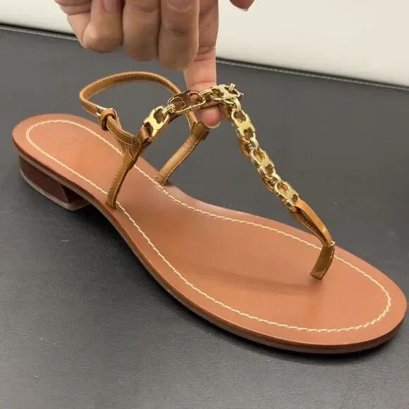Tory Burch Gemini Link T-Strap Sandals Summer Resort Wear Leather NEW 10.5M
