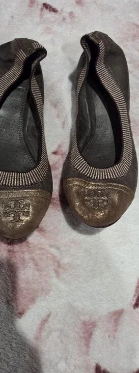 Tory Burch Brown Leather Ballet Flats with Metallic Bronze Toe
