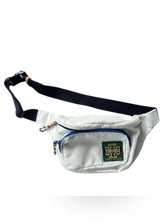 Tory Burch White Belt Bag with Navy Strap and Multicolor Logo