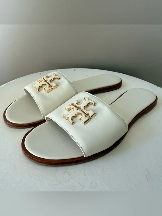 Tory Burch Everly Ivory Leather Gold Double T Slide Sandals Size 10