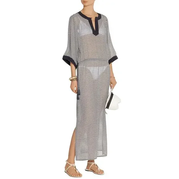 Tory Burch NWT Clemente Navy White Stripe 100% Silk Sheer Long Caftan Coverup