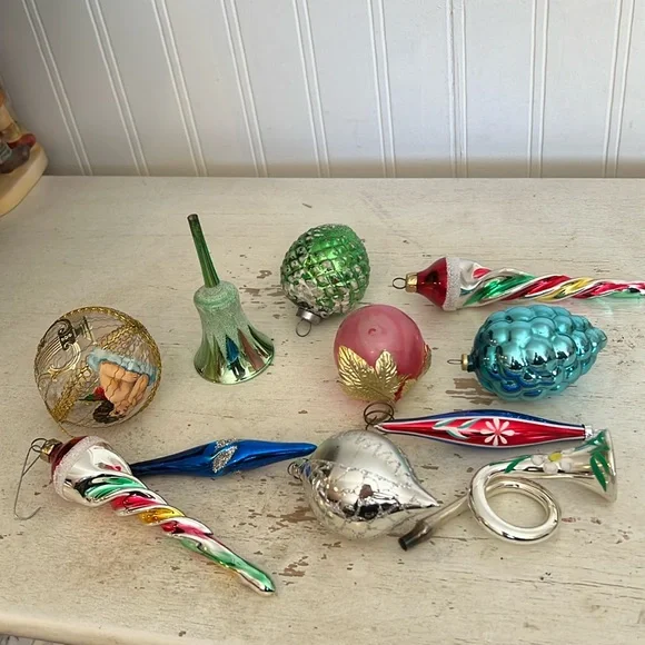Lot Antique Mercury glass Christmas ornaments mica acorn grapes bell more