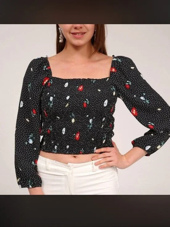 Abercrombie & Fitch Black Floral Smocked Square-Neck Blouse Y2k