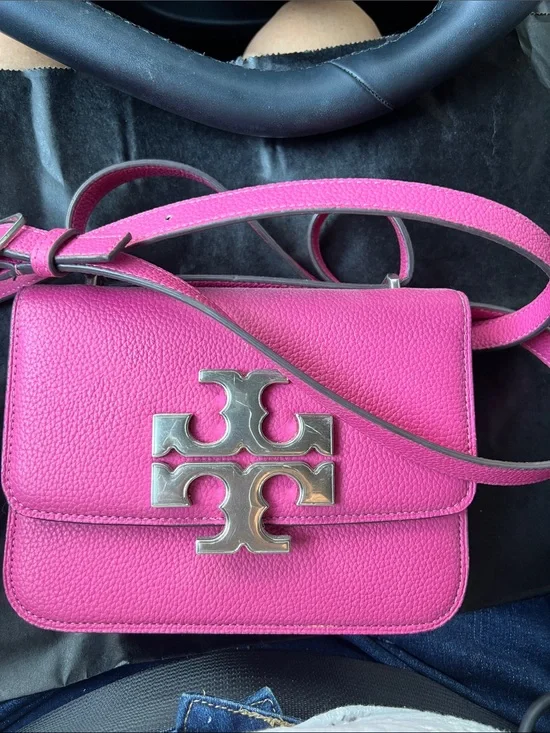 Tory Burch Pink Pebbled Leather Crossbody with Silver Logo