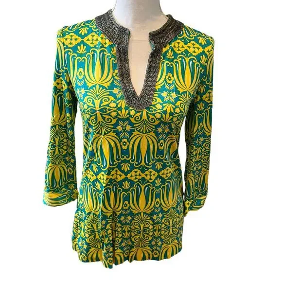 Tory Burch Silk Tunic Top Beaded Embellished neckline Green Yellow XS