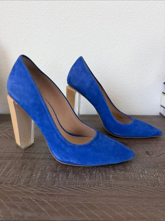 Tory Burch Cobalt Blue Suede Pointed-Toe Pumps with Block Heel