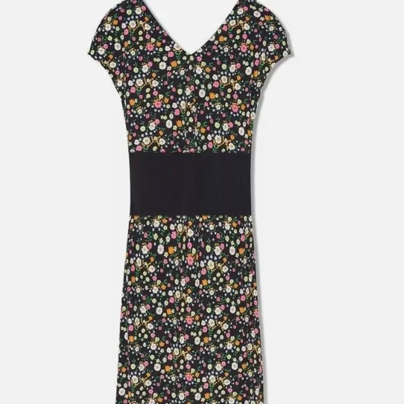 Tory Burch Sheath Dress Black Floral Short Sleeve with V-Neck S (Orig. $456)