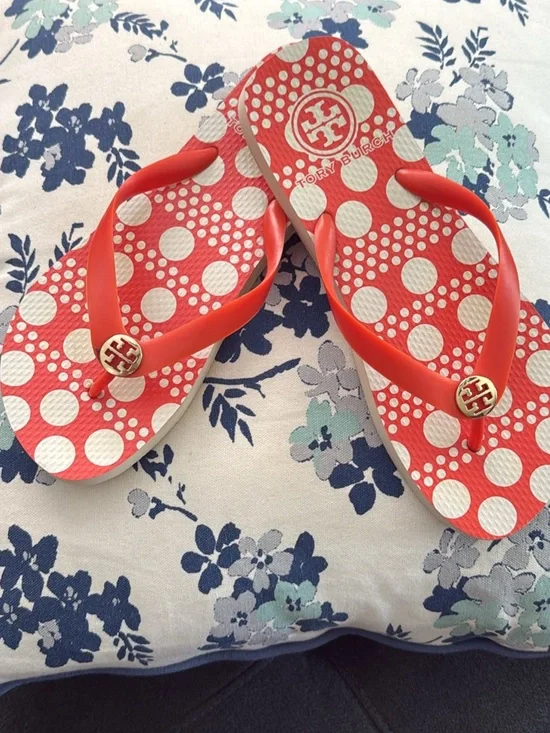 Tory Burch  orange and White Polka Dot Flip Flops with Gold Logo