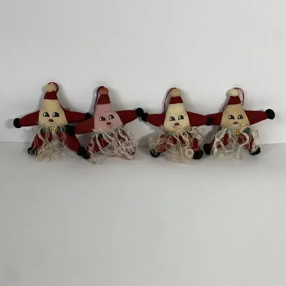 Vintage Christmas Ornaments Fabric Folk art Stuffed Bearded Star Santa Hand Made