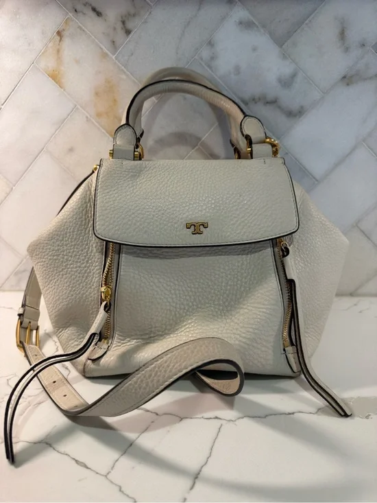 Tory Burch White Pebbled Leather Half Moon Satchel