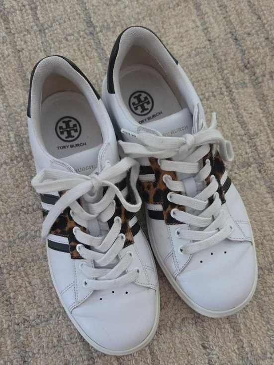 Tory Burch White Leather Sneakers with Leopard Print and Black Trim