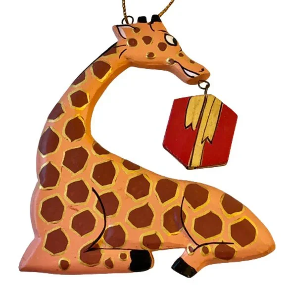 Wood Animal Christmas Ornament Giraffe with Present Jungle Safari 4