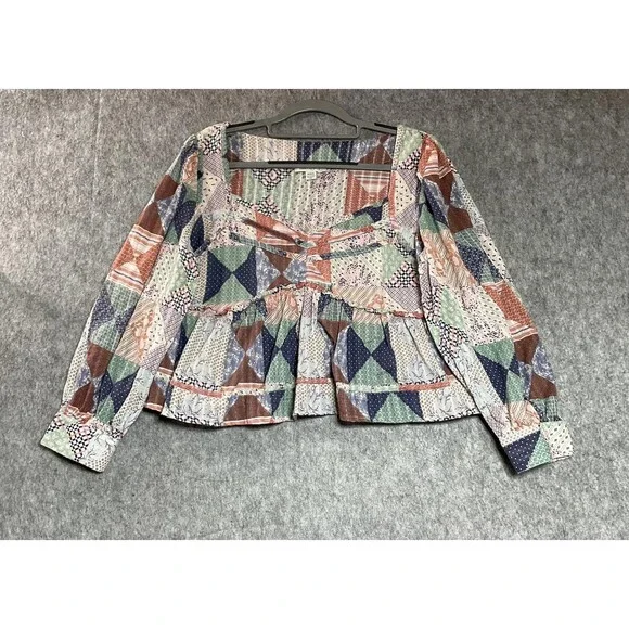 American Eagle Outfitters Blouse Womens Medium Multicolor Patchwork Peplum Boho