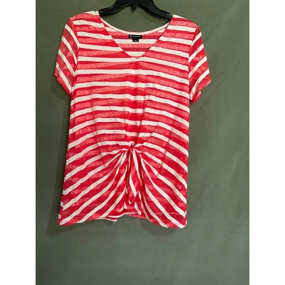 New Directions Women Red White Striped Twist Front V-Neck Short Sleeve Top M