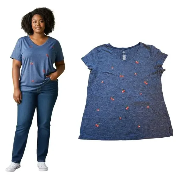 St Johns Bay Womens V-Neck Tee Size XL Blue Embroidered Cherries Short Sleeve