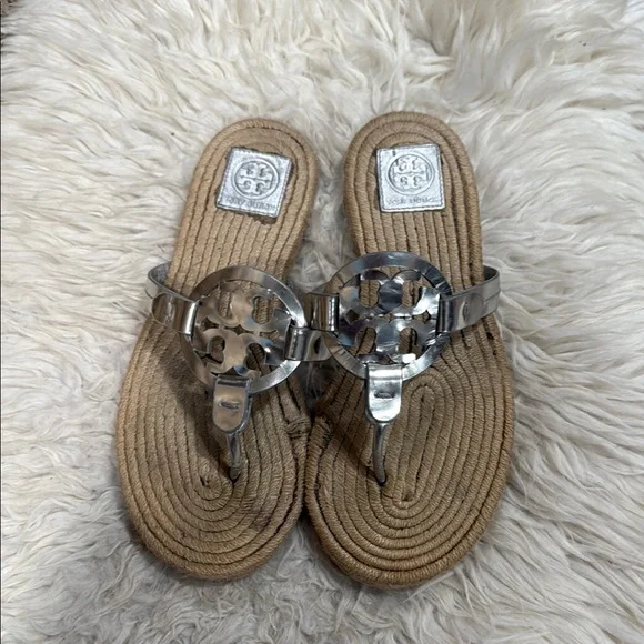 Tory Burch Miller Espadrille‎ Logo In Mirror Metallic Silver Women’s Size 10