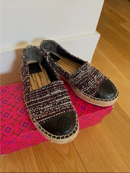 Tory Burch Burgundy Tweed Espadrilles with Black Leather Toe