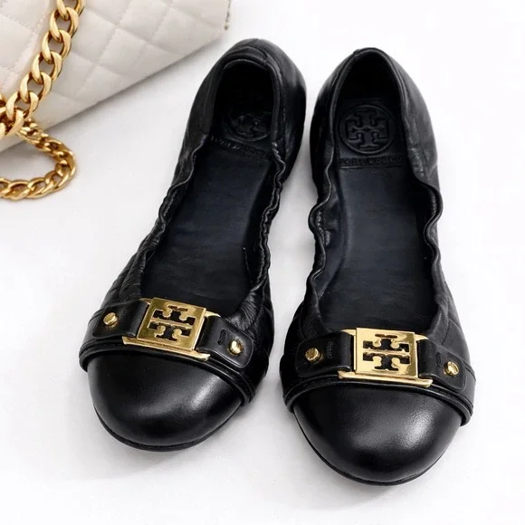 Tory Burch Ambrose‎ Gold Logo Reva Cap Toe Ballet Flats Black Leather Size 5.5