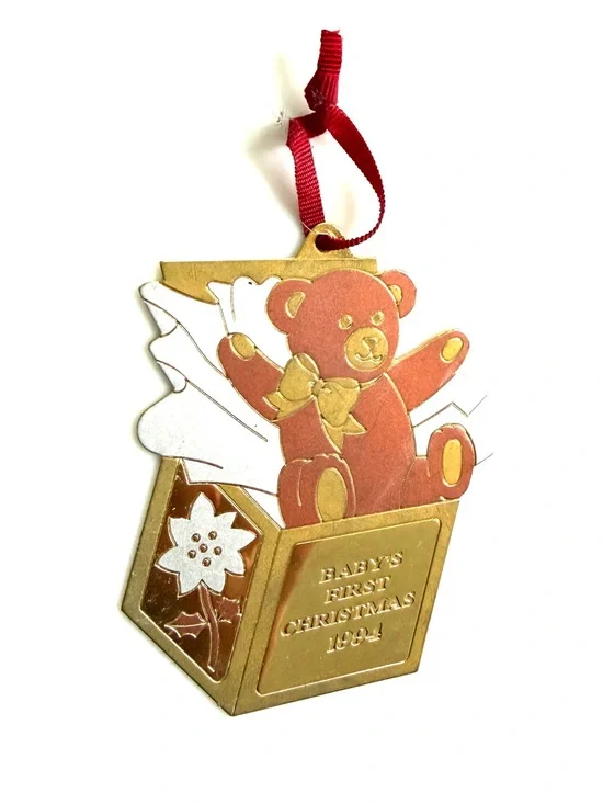Vintage 1994 Baby First Christmas Bear Present Brass Metal Ornament made in USA