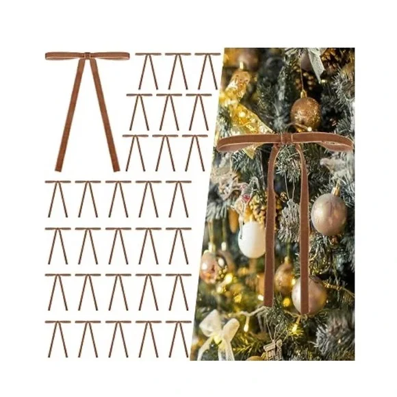Korlon 30 Pcs Velvet Christmas Bows Caramel Tan Gold Twist Tie Tree Ornaments