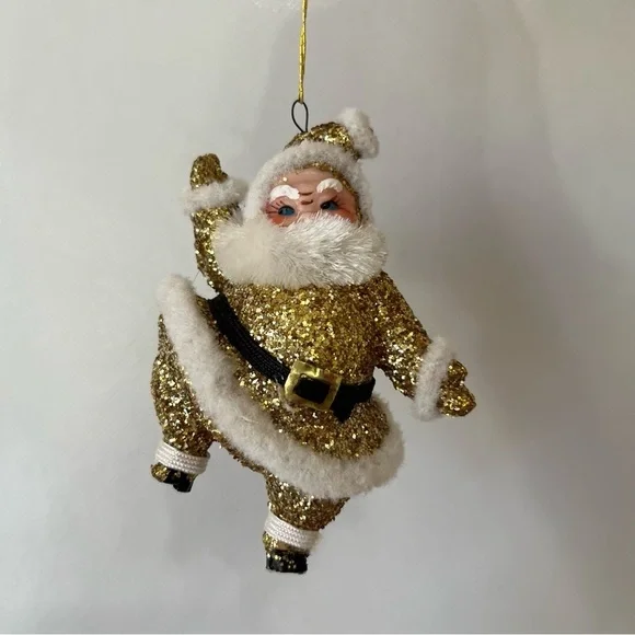 Vintage Gold Glitter Santa Ornament 50’s