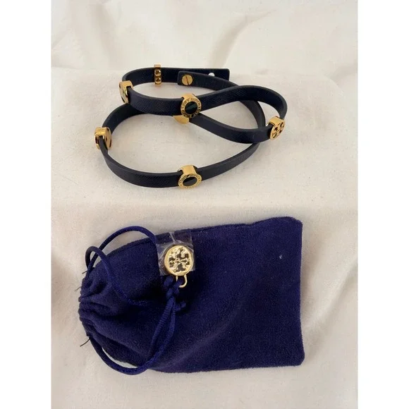 Tory Burch Reva Navy Saffiano Leather‎ Gold Logo Double Wrap Bracelet