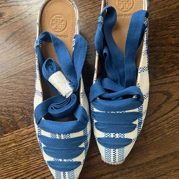 Tory Burch Blue and Cream Espadrilles