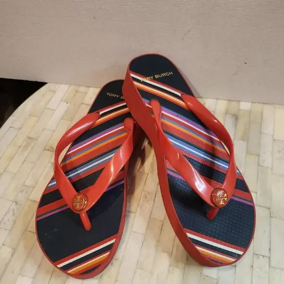 Tory Burch navy and red striped rubber wedge flip-flop sandals
